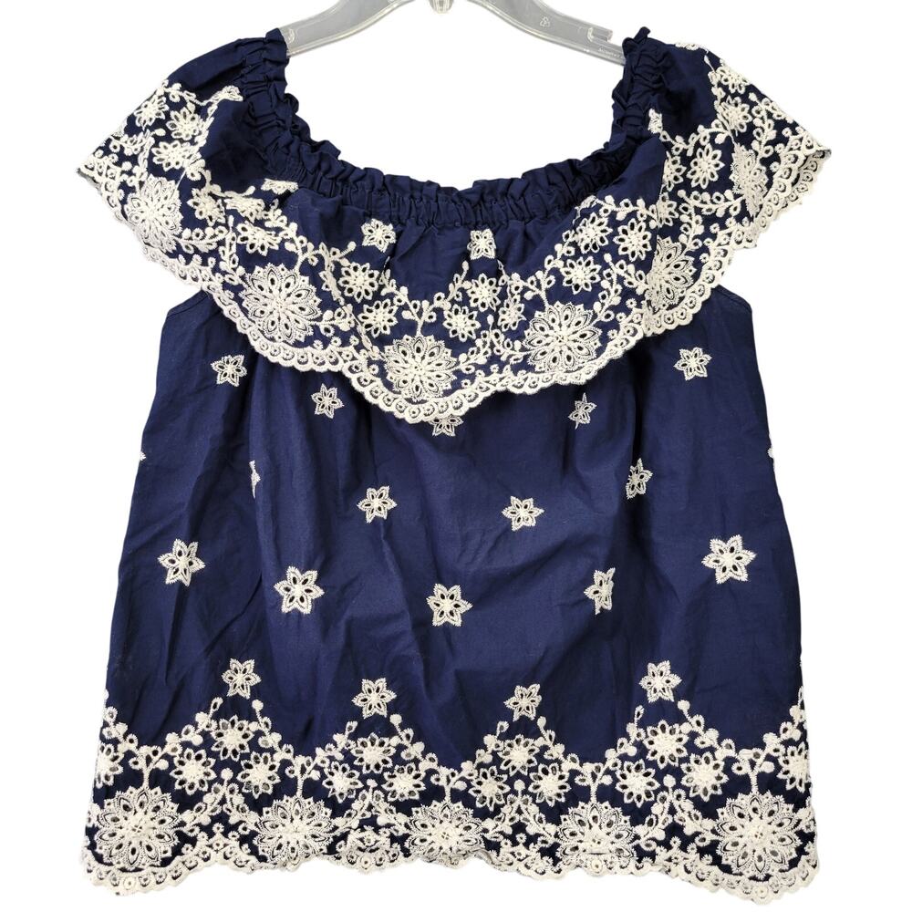 Maurices Blue Shirt Embroidered Lace Floral On Off Shoulder Womens M Prairie Top